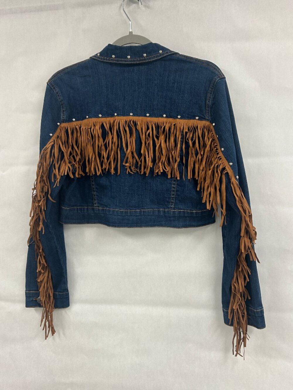 BellaSky Cropped Denim Jacket Fringe Western Studded Boho Country Concert Size L